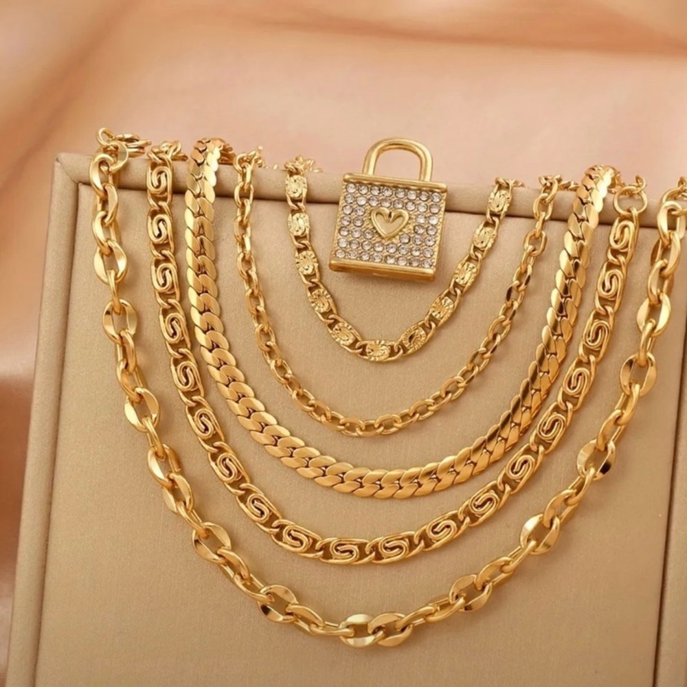 5 New stacking Gold Plated bracelets with a Heart Lock charm, adjustable